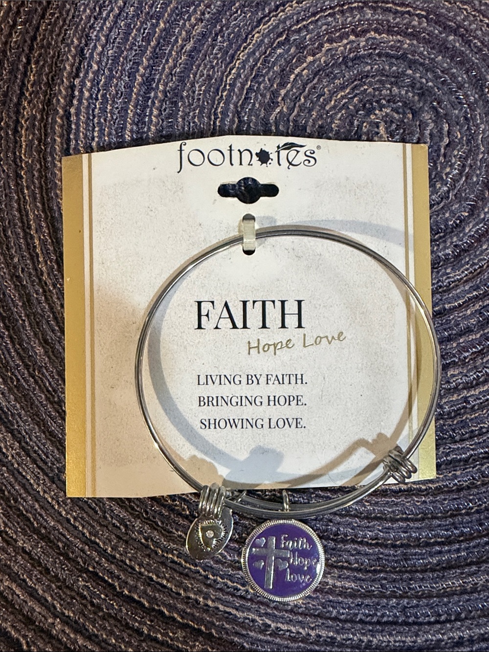Footnotes "Faith Hope Love" Silver Charm Bangle - Purple Accent